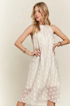 Beige Applique Pearl Detail Grecian Neck Midi Dress
