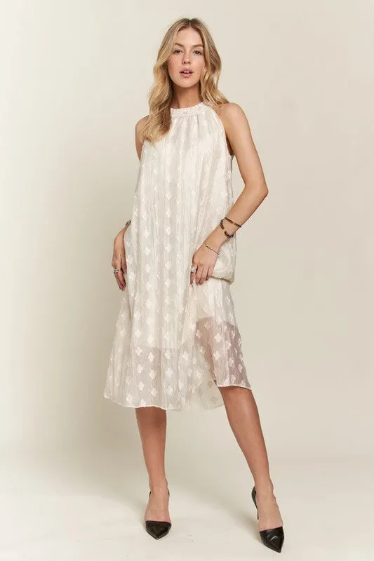 Beige Applique Pearl Detail Grecian Neck Midi Dress