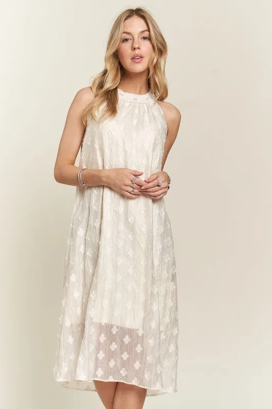 Beige Applique Pearl Detail Grecian Neck Midi Dress
