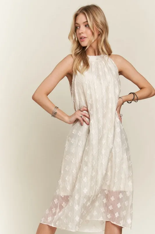 Beige Applique Pearl Detail Grecian Neck Midi Dress