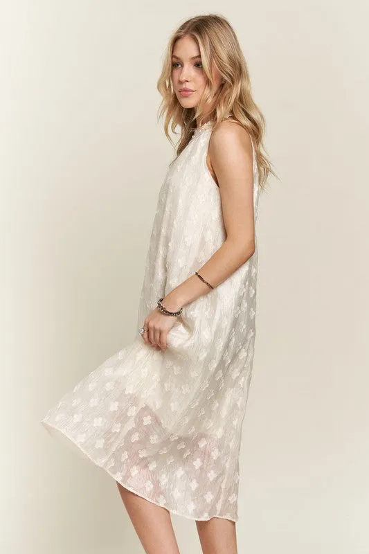 Beige Applique Pearl Detail Grecian Neck Midi Dress