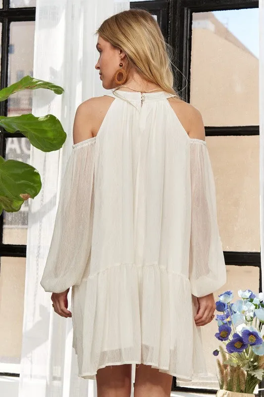 Beige Cold Shoulder Balloon Sleeve Mini Dress