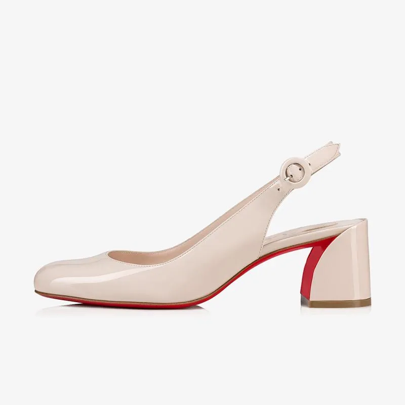 Beige Patent Leather Pumps with Slanted