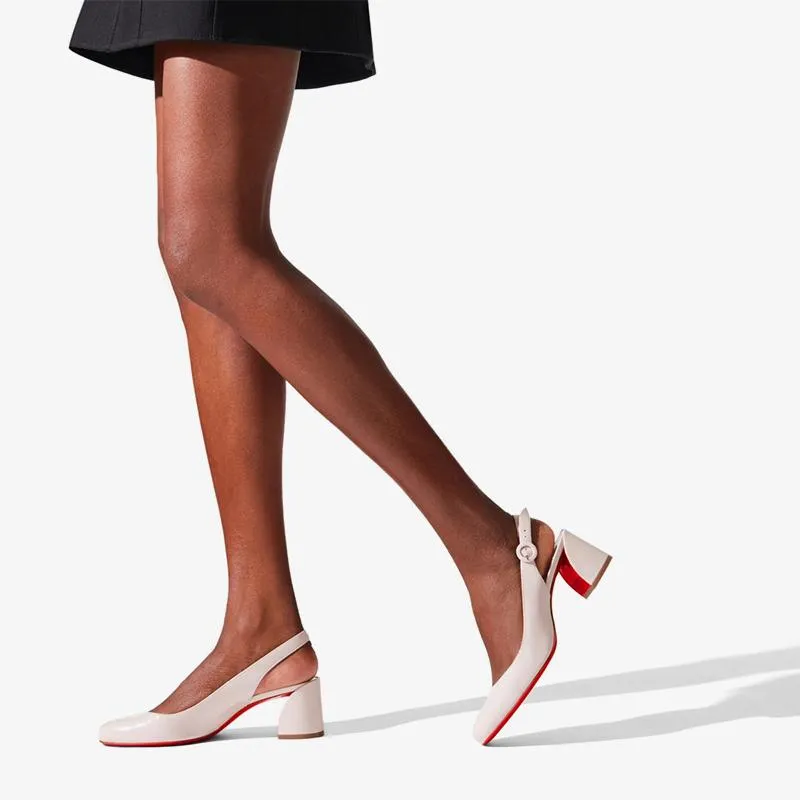 Beige Patent Leather Pumps with Slanted