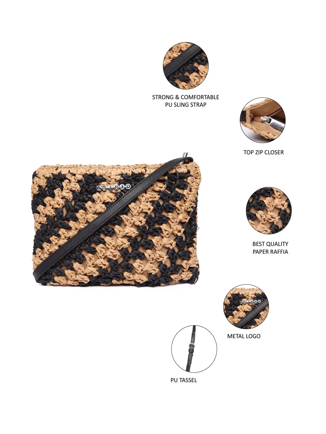 Beige/Black Raffia Crossbody Sling Bag