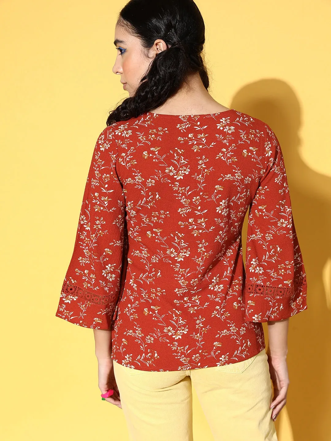 Berrylush Women Red & Off-White Floral Printed V-Neck Three-Quarter Sleeve Laced Regular Top