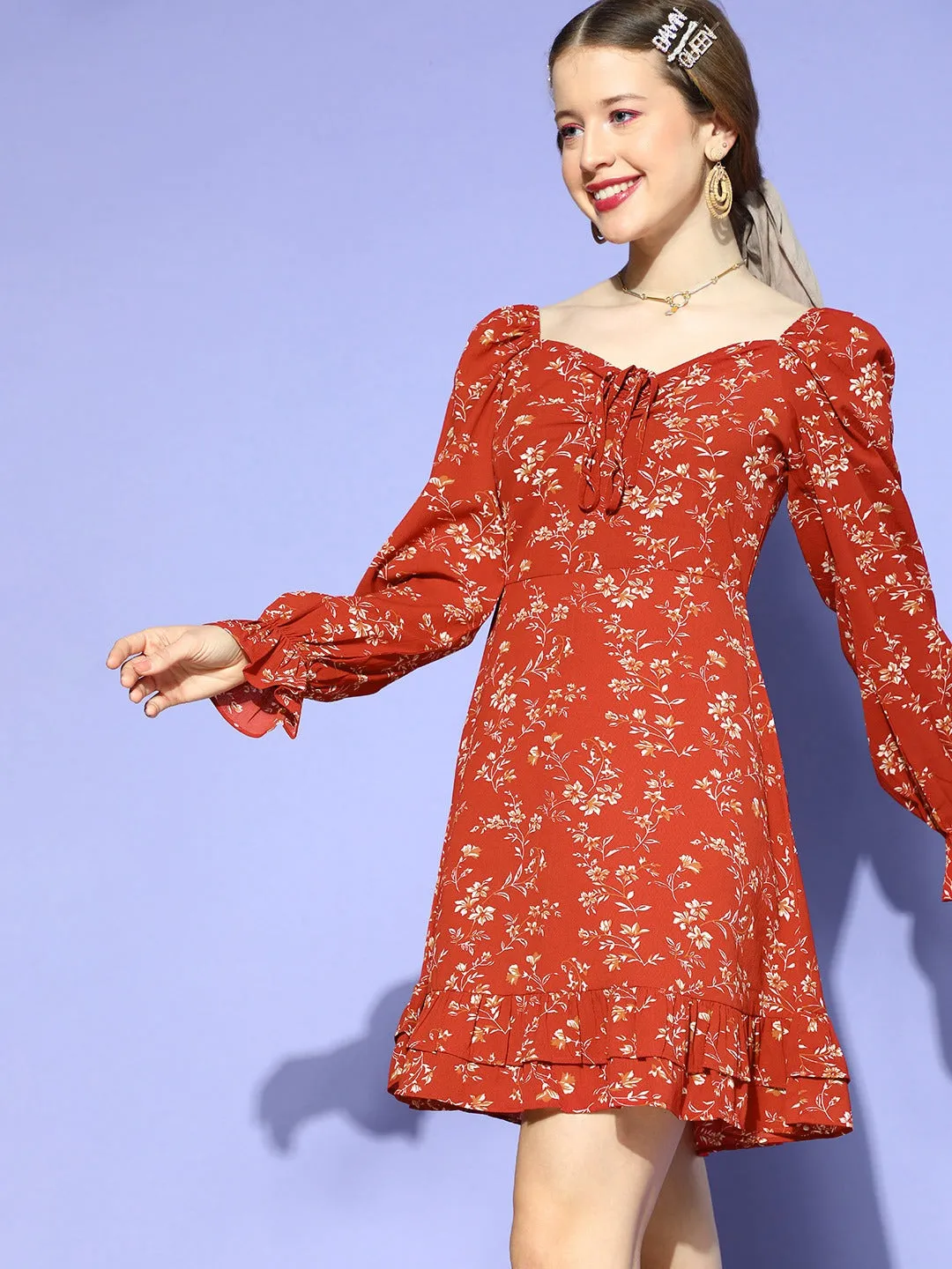 Berrylush Women Red & White Floral Printed Sweetheart Neck Front Tie-Up Flounce Hem A-Line Mini Dress