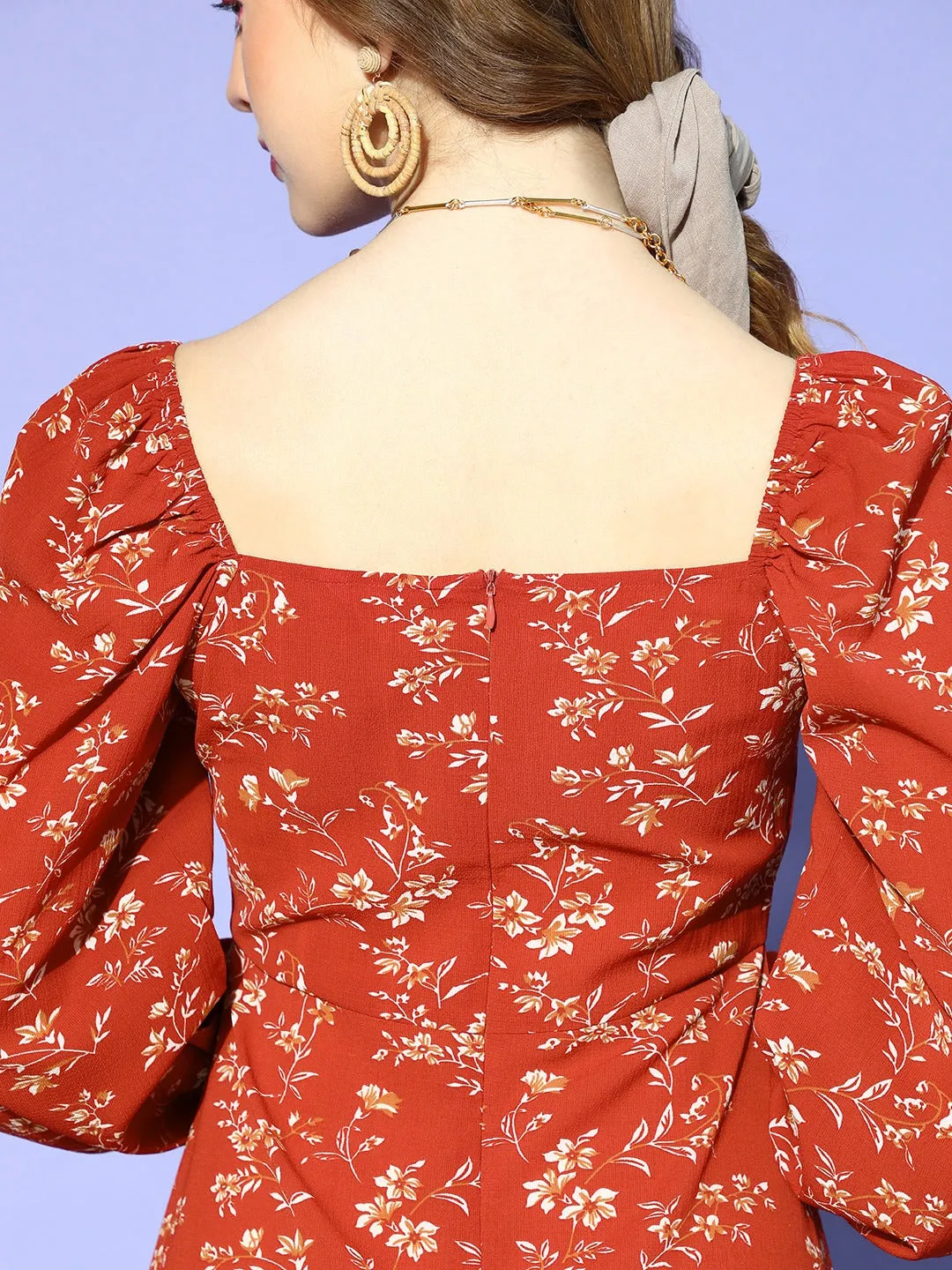 Berrylush Women Red & White Floral Printed Sweetheart Neck Front Tie-Up Flounce Hem A-Line Mini Dress
