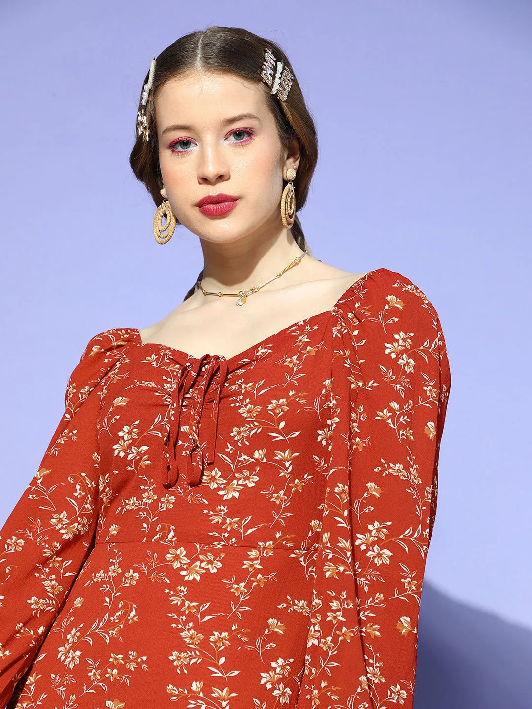 Berrylush Women Red & White Floral Printed Sweetheart Neck Front Tie-Up Flounce Hem A-Line Mini Dress