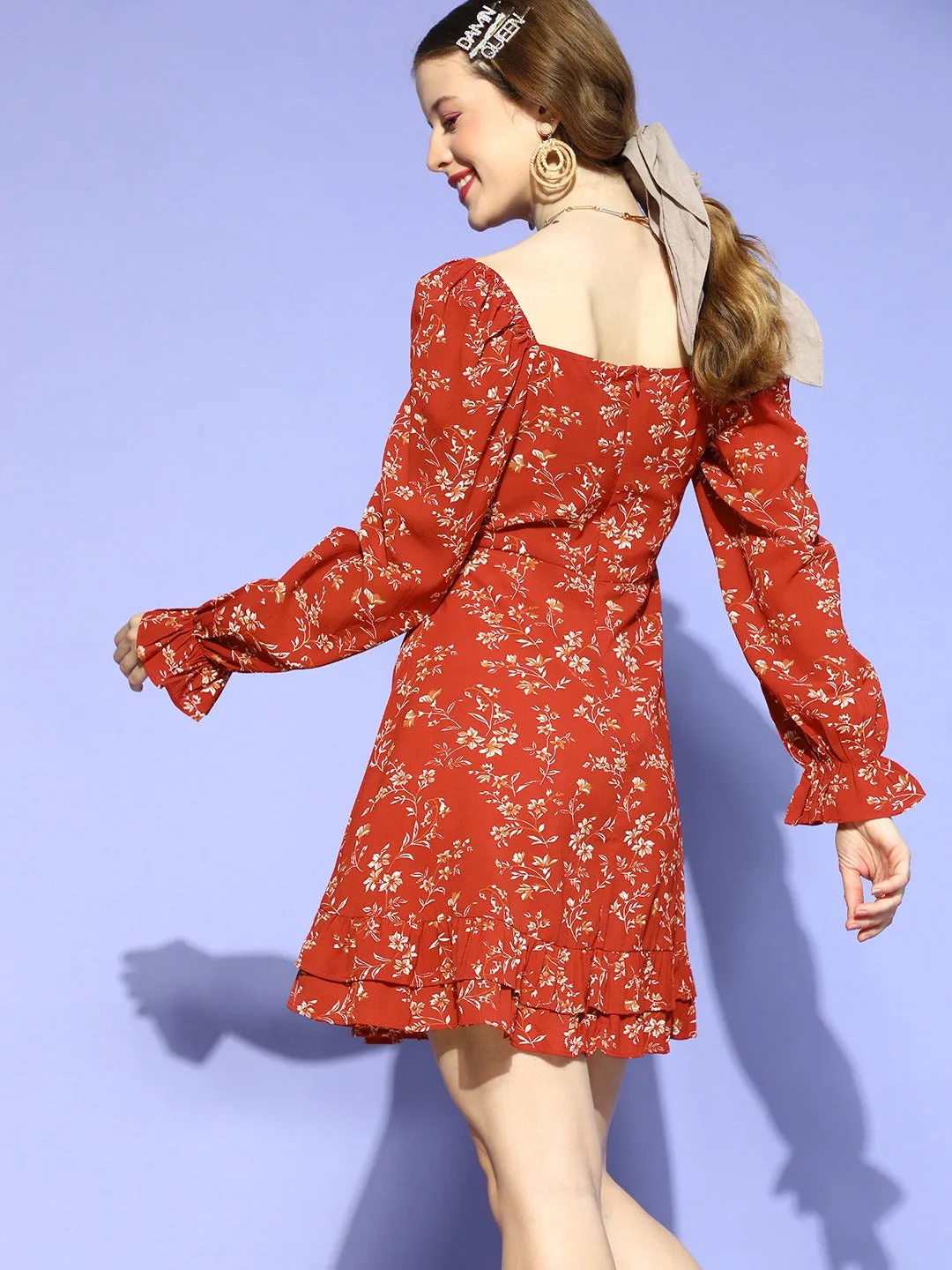 Berrylush Women Red & White Floral Printed Sweetheart Neck Front Tie-Up Flounce Hem A-Line Mini Dress