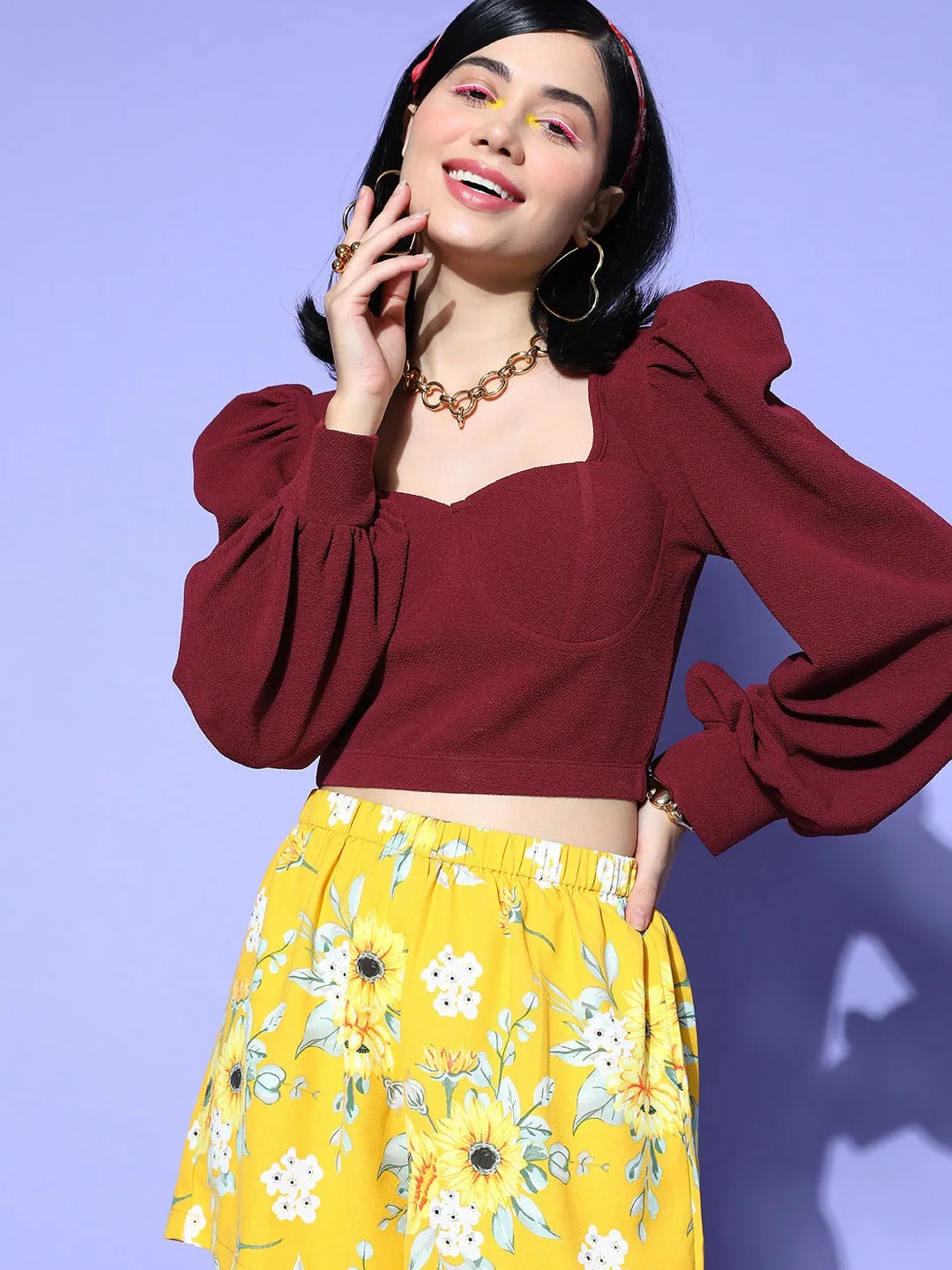 Berrylush Women Solid Maroon Sweetheart Neck Bishop Sleeve Knitted Cropped Top