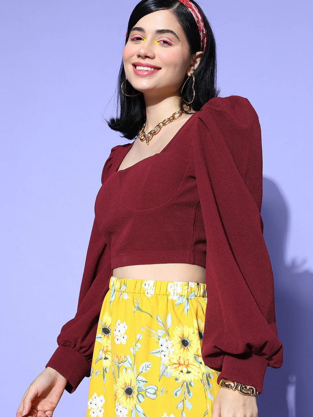 Berrylush Women Solid Maroon Sweetheart Neck Bishop Sleeve Knitted Cropped Top