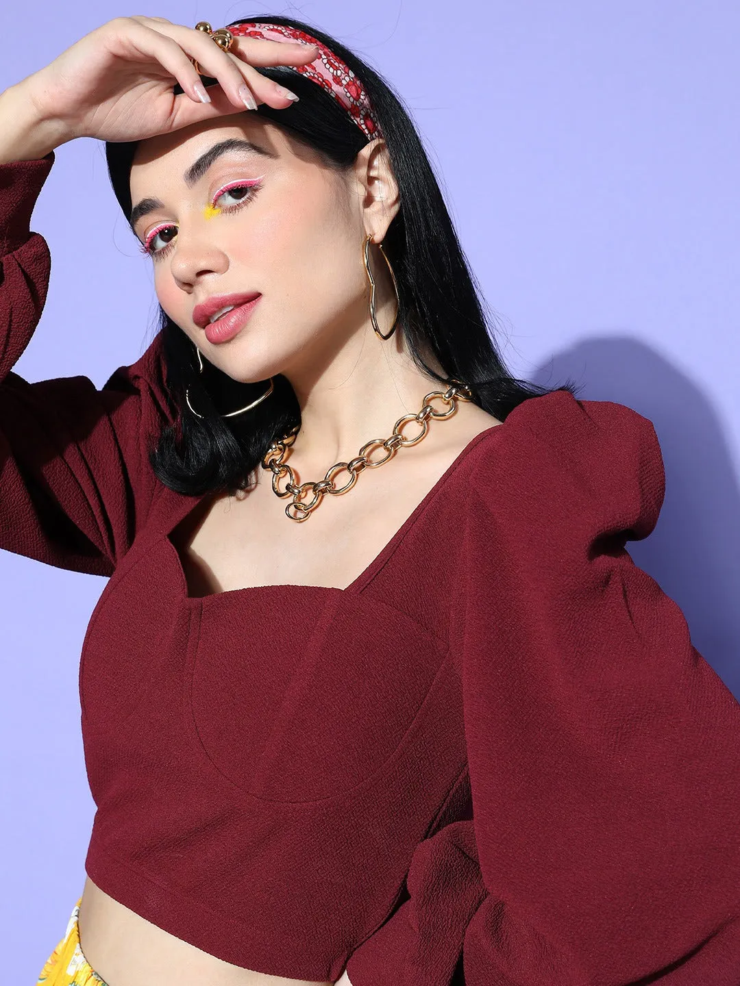 Berrylush Women Solid Maroon Sweetheart Neck Bishop Sleeve Knitted Cropped Top