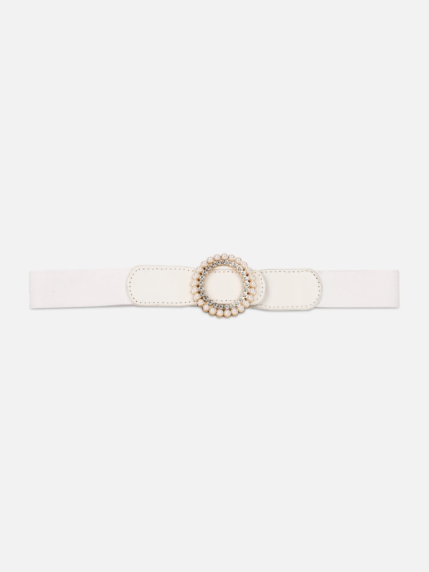 Berrylush Women Solid White Pearl & Diamond Embellished PU Nylon Interlock Regular Slim Belt