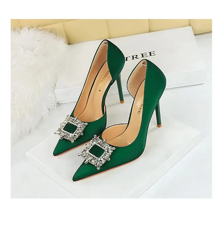 BIGTREE Blue Black Fashion Crystal Square Buckle Women Pumps