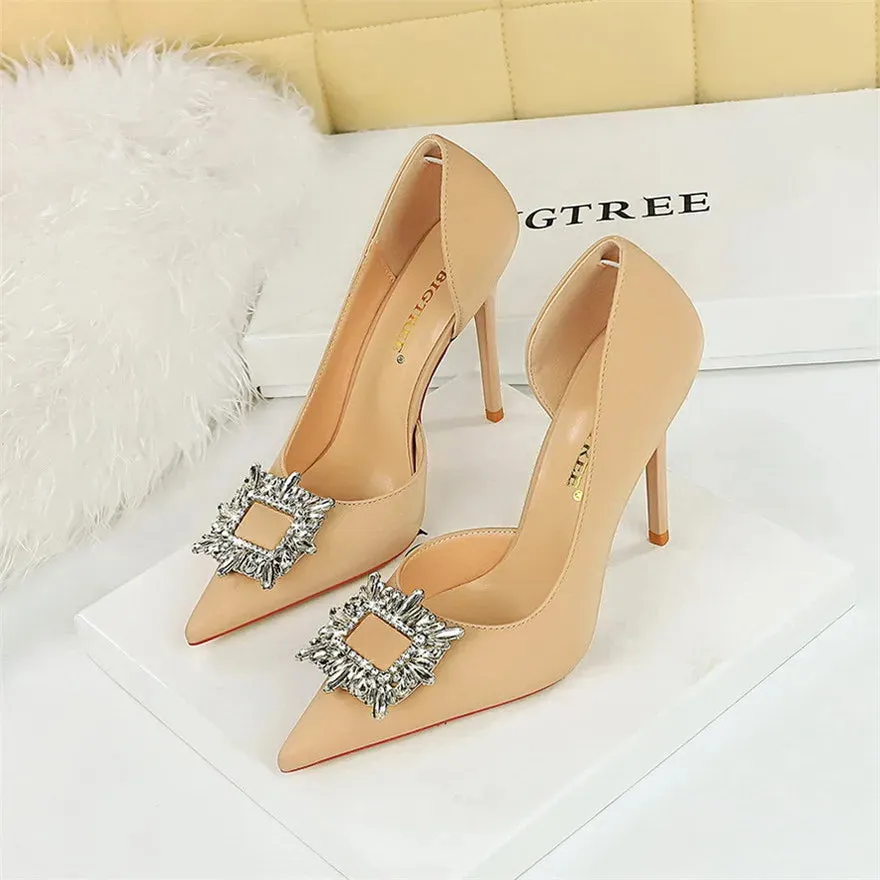 BIGTREE Blue Black Fashion Crystal Square Buckle Women Pumps