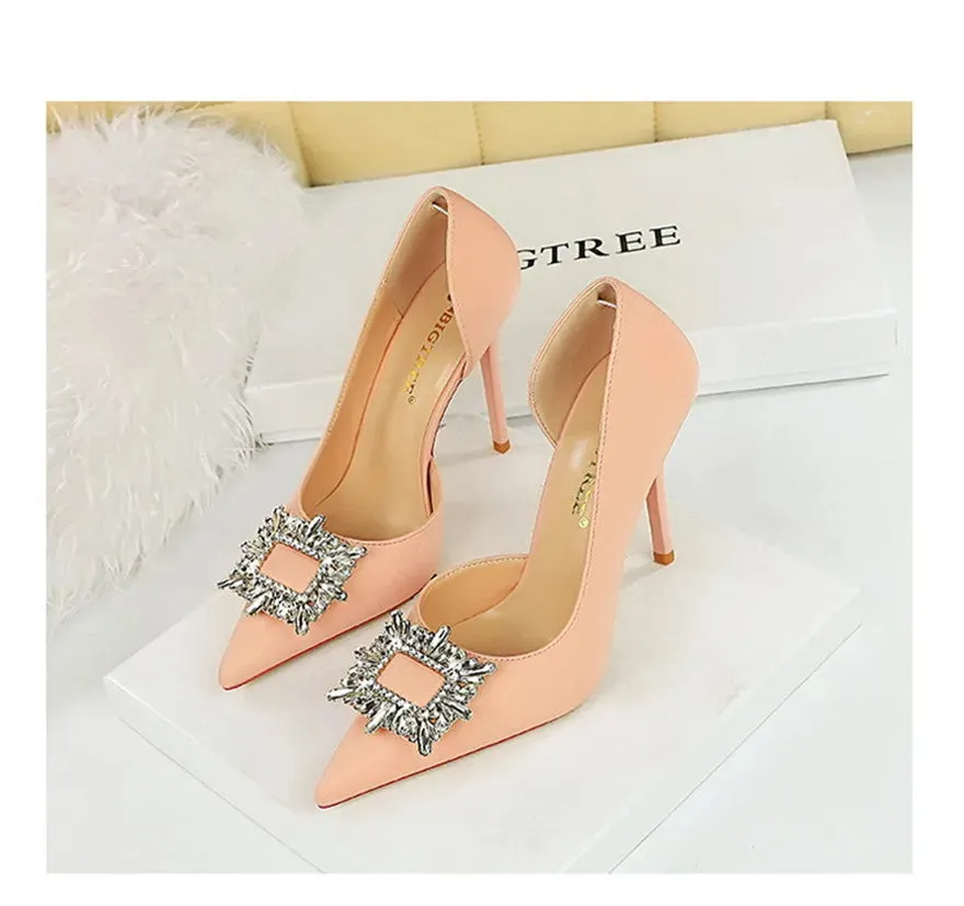 BIGTREE Blue Black Fashion Crystal Square Buckle Women Pumps