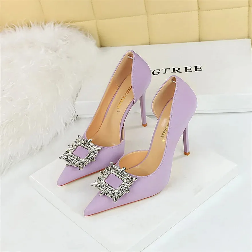 BIGTREE Blue Black Fashion Crystal Square Buckle Women Pumps