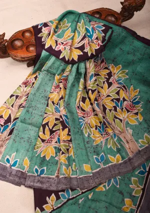 Bishnupuri  Floral Hand Wax Batik Silk Saree in Teal | SILK MARK CERTIFIED