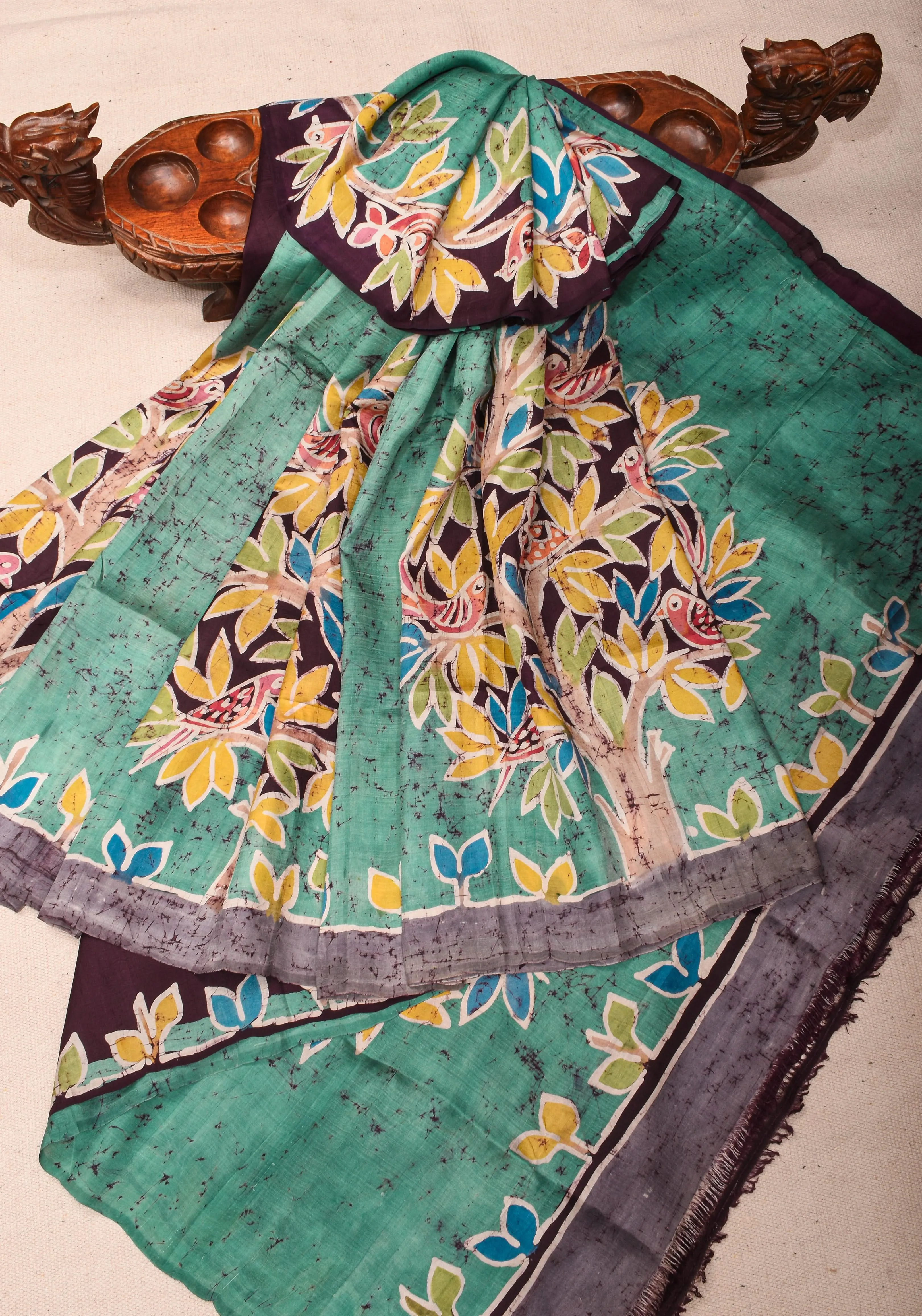 Bishnupuri  Floral Hand Wax Batik Silk Saree in Teal | SILK MARK CERTIFIED