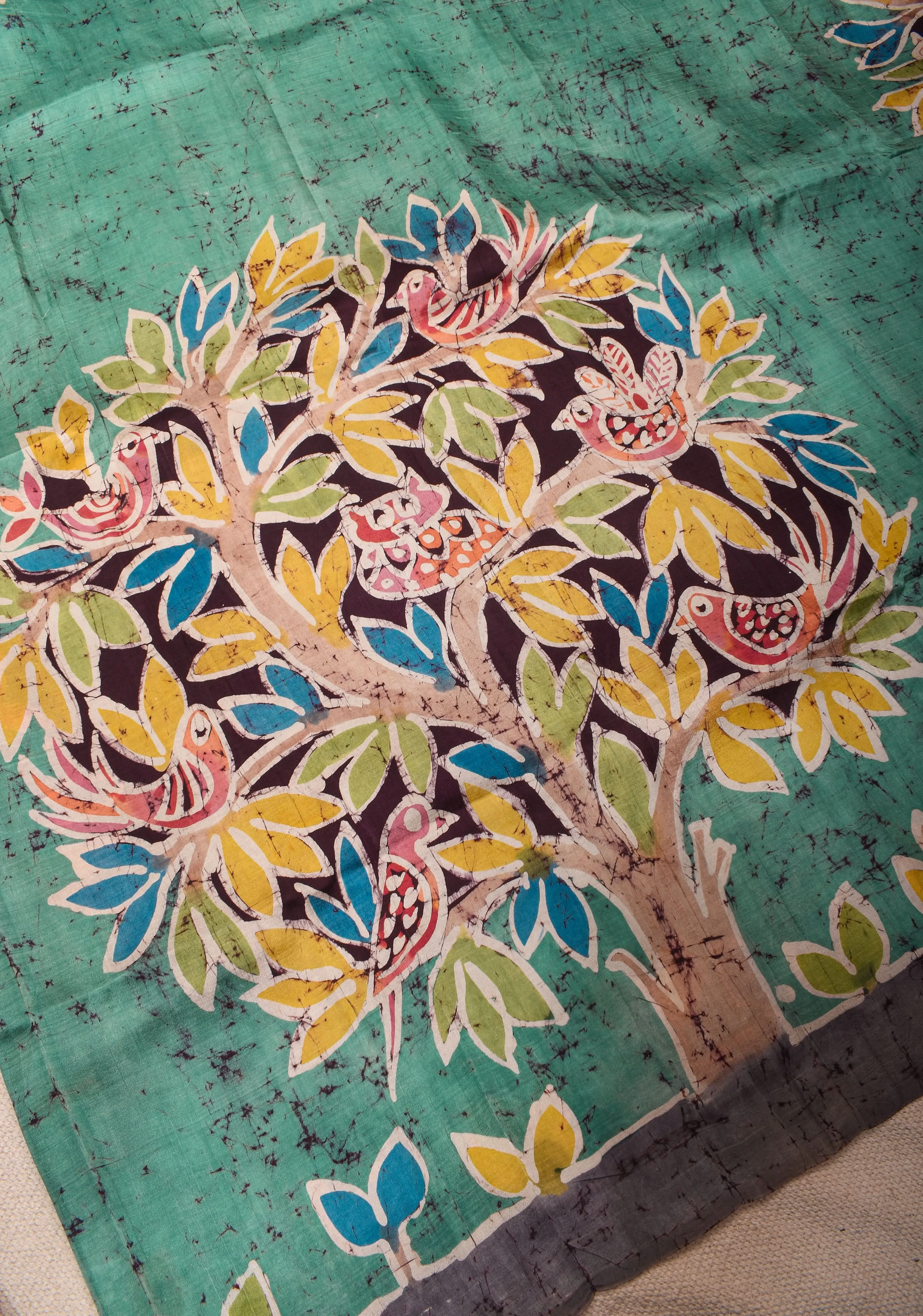 Bishnupuri  Floral Hand Wax Batik Silk Saree in Teal | SILK MARK CERTIFIED