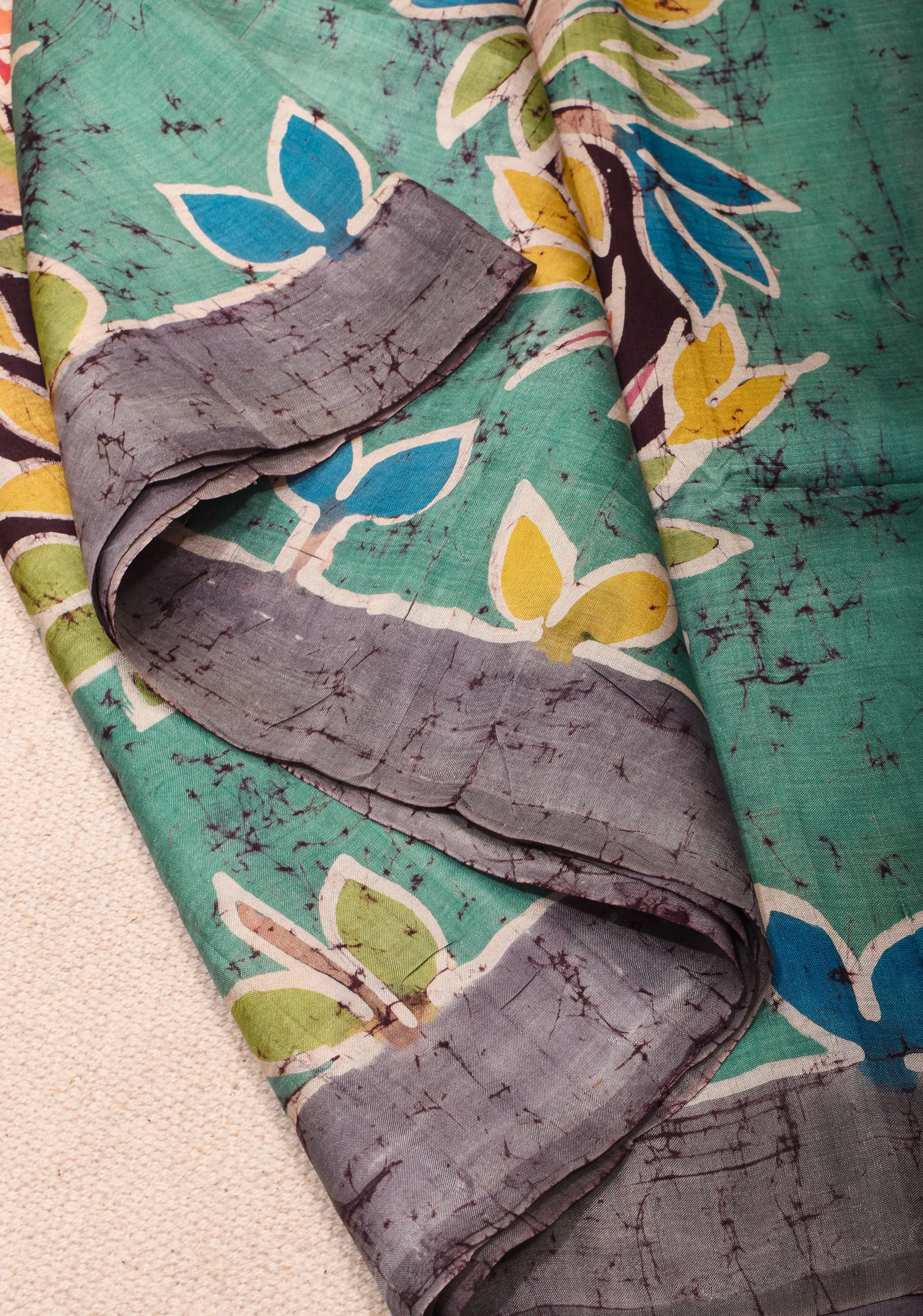 Bishnupuri  Floral Hand Wax Batik Silk Saree in Teal | SILK MARK CERTIFIED