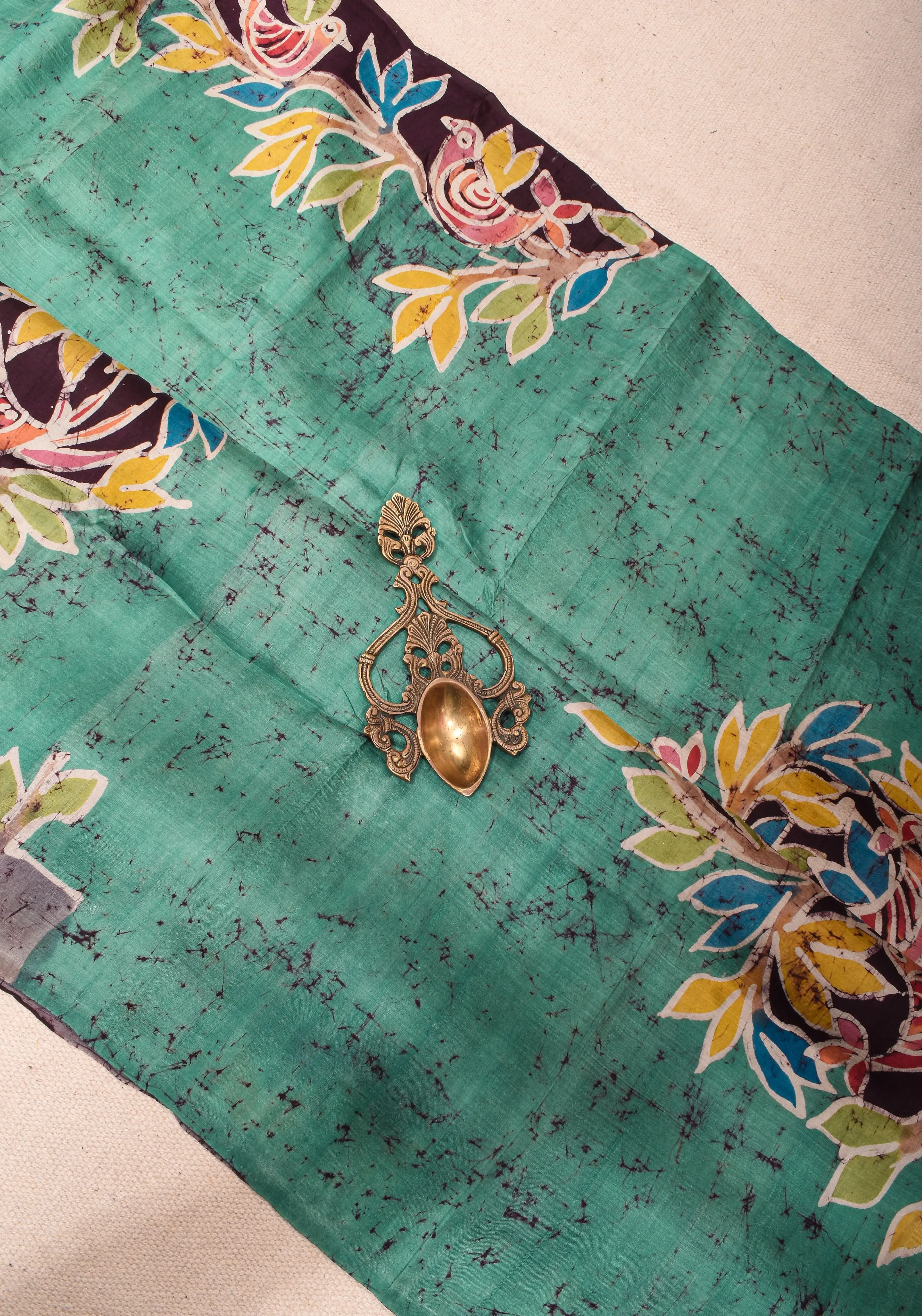 Bishnupuri  Floral Hand Wax Batik Silk Saree in Teal | SILK MARK CERTIFIED