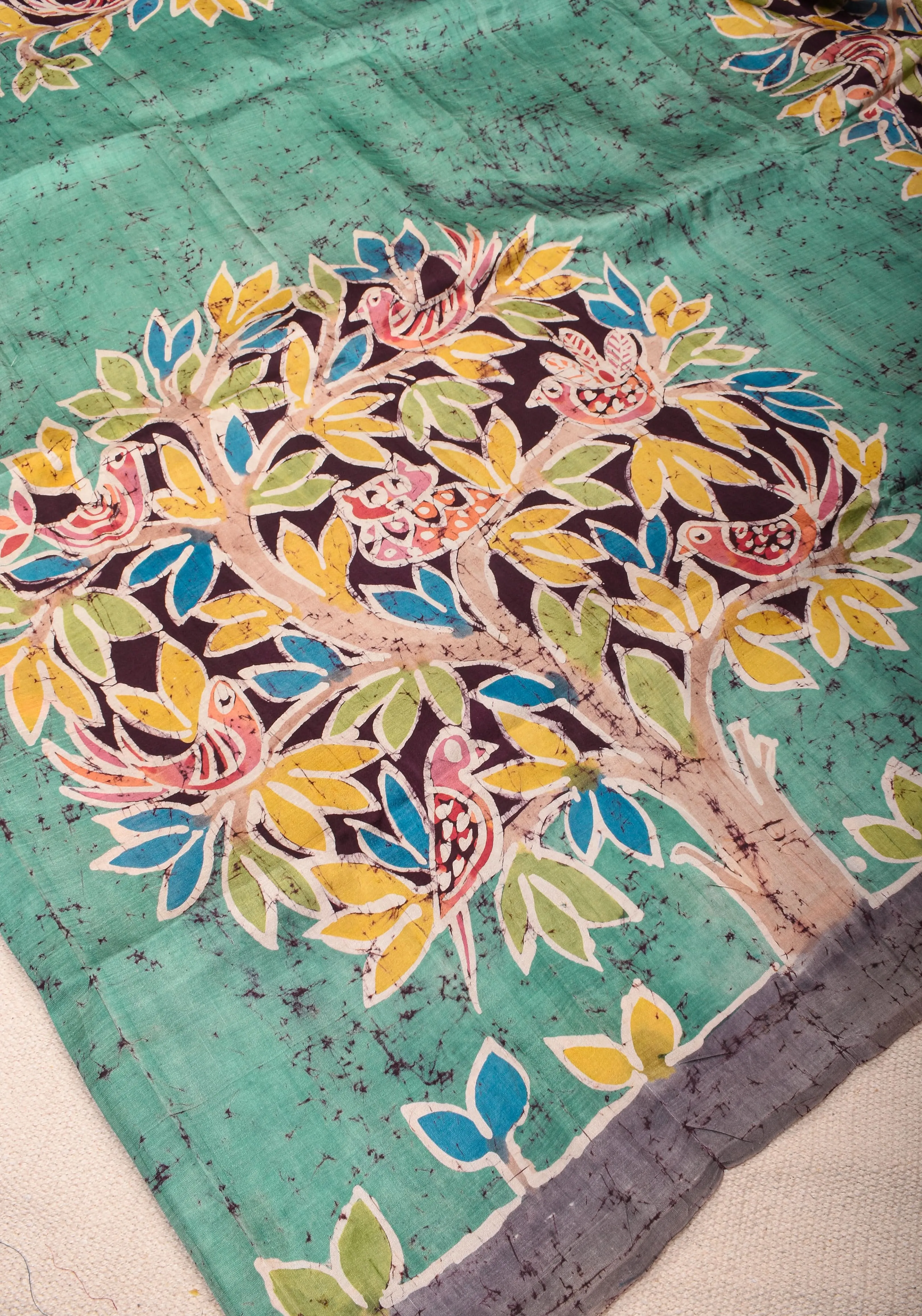 Bishnupuri  Floral Hand Wax Batik Silk Saree in Teal | SILK MARK CERTIFIED