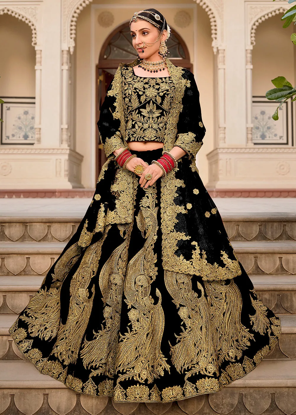 Black & Gold Embroidered Velvet Wedding Lehenga Choli