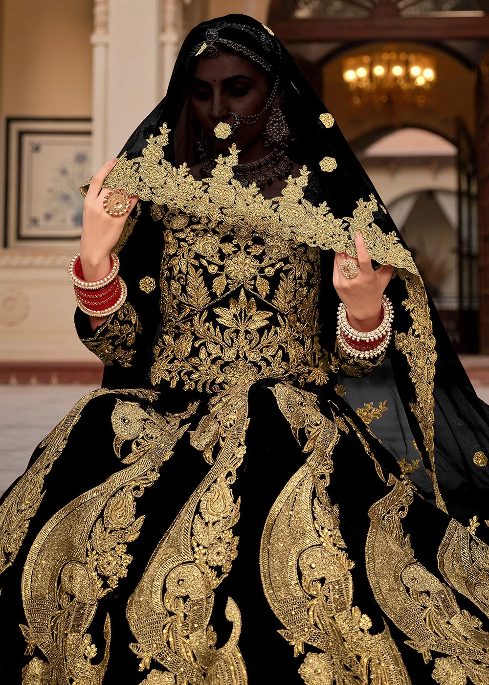 Black & Gold Embroidered Velvet Wedding Lehenga Choli