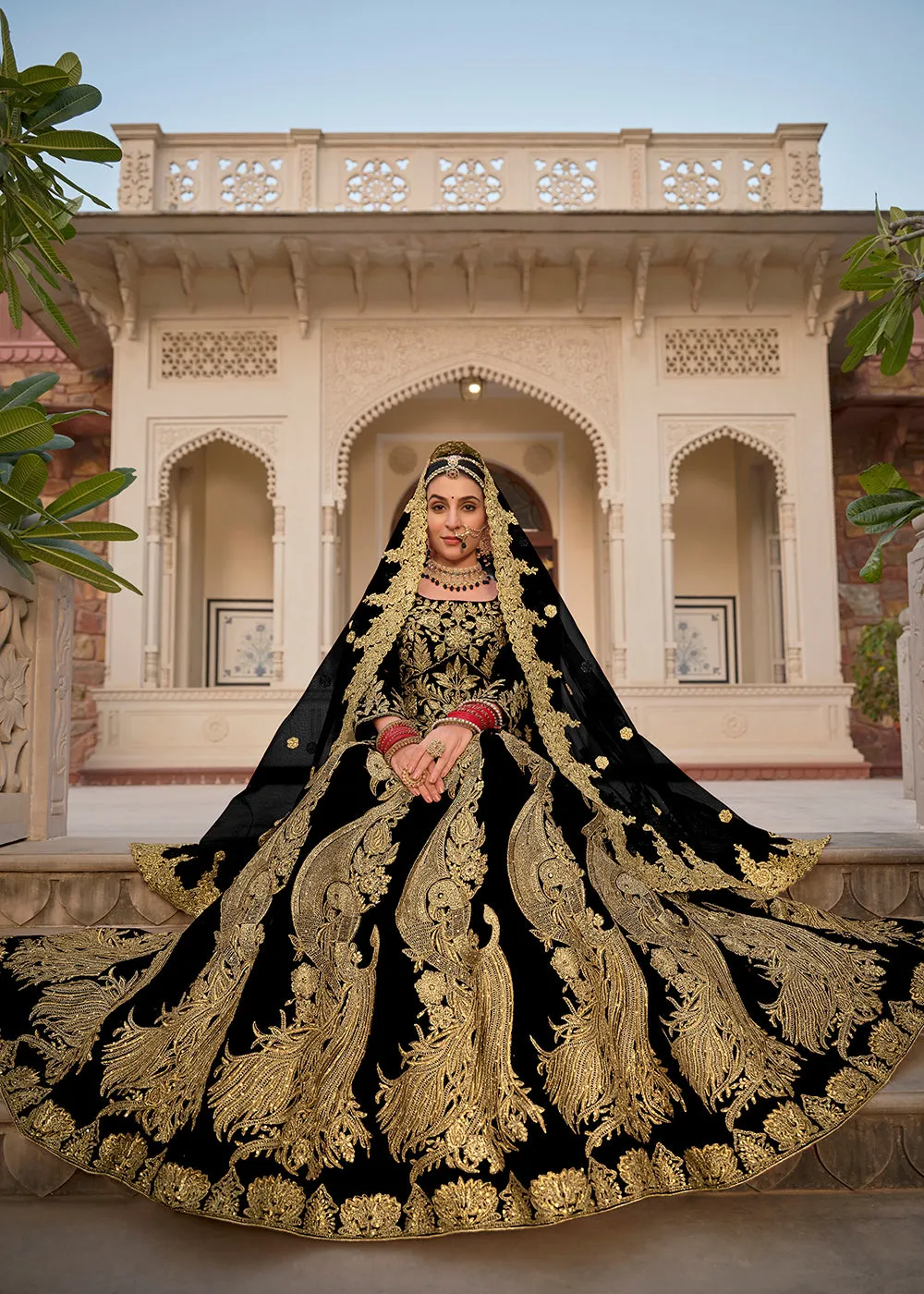 Black & Gold Embroidered Velvet Wedding Lehenga Choli