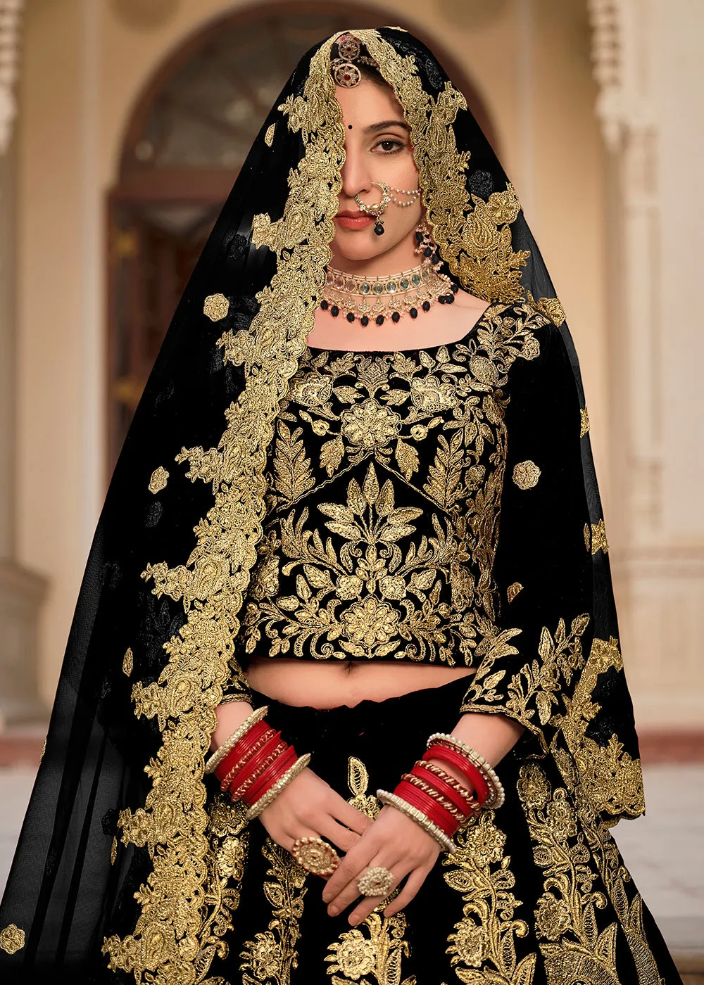 Black & Gold Embroidered Velvet Wedding Lehenga Choli