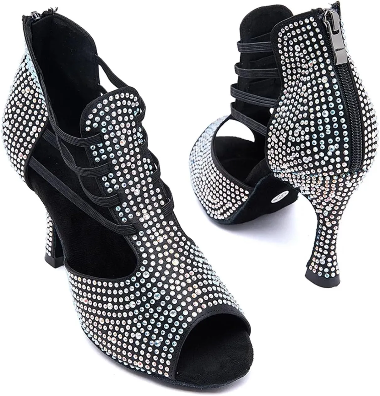Black Ballroom Party Heels - Rhinestone Salsa Dance Sandals (8.5CM/3.35")