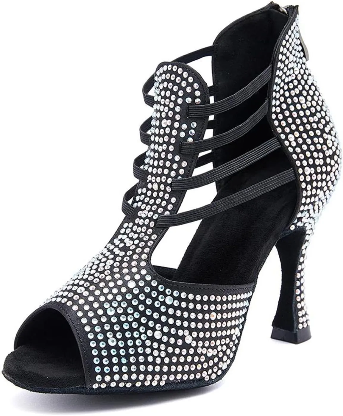 Black Ballroom Party Heels - Rhinestone Salsa Dance Sandals (8.5CM/3.35")