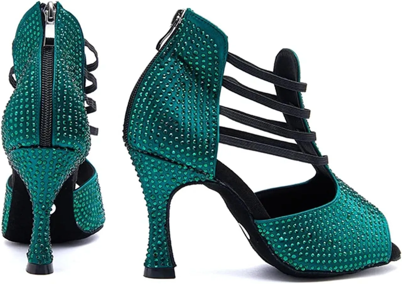 Black Ballroom Party Heels - Rhinestone Salsa Dance Sandals (8.5CM/3.35")
