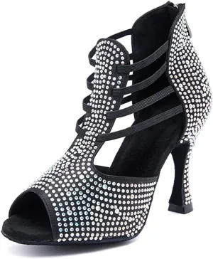 Black Ballroom Party Heels - Rhinestone Salsa Dance Sandals (8.5CM/3.35")