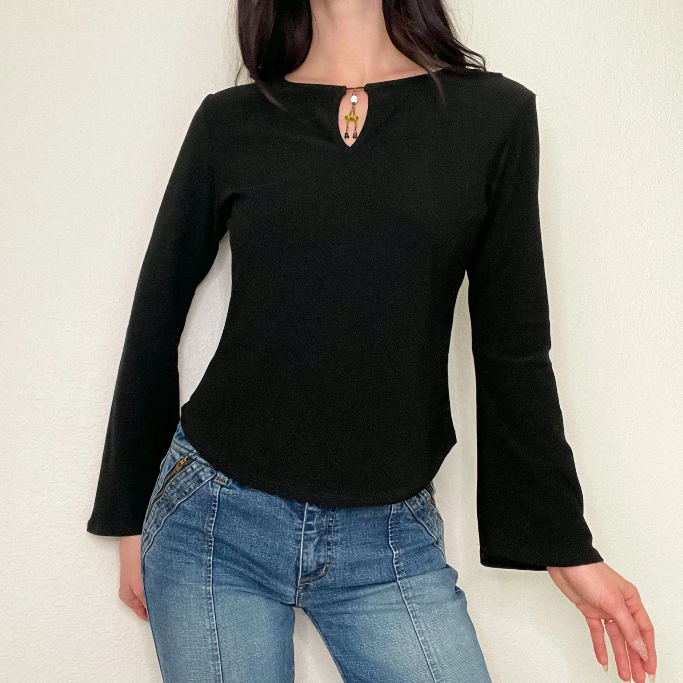 Black Boho Y2K Bell Sleeve Top