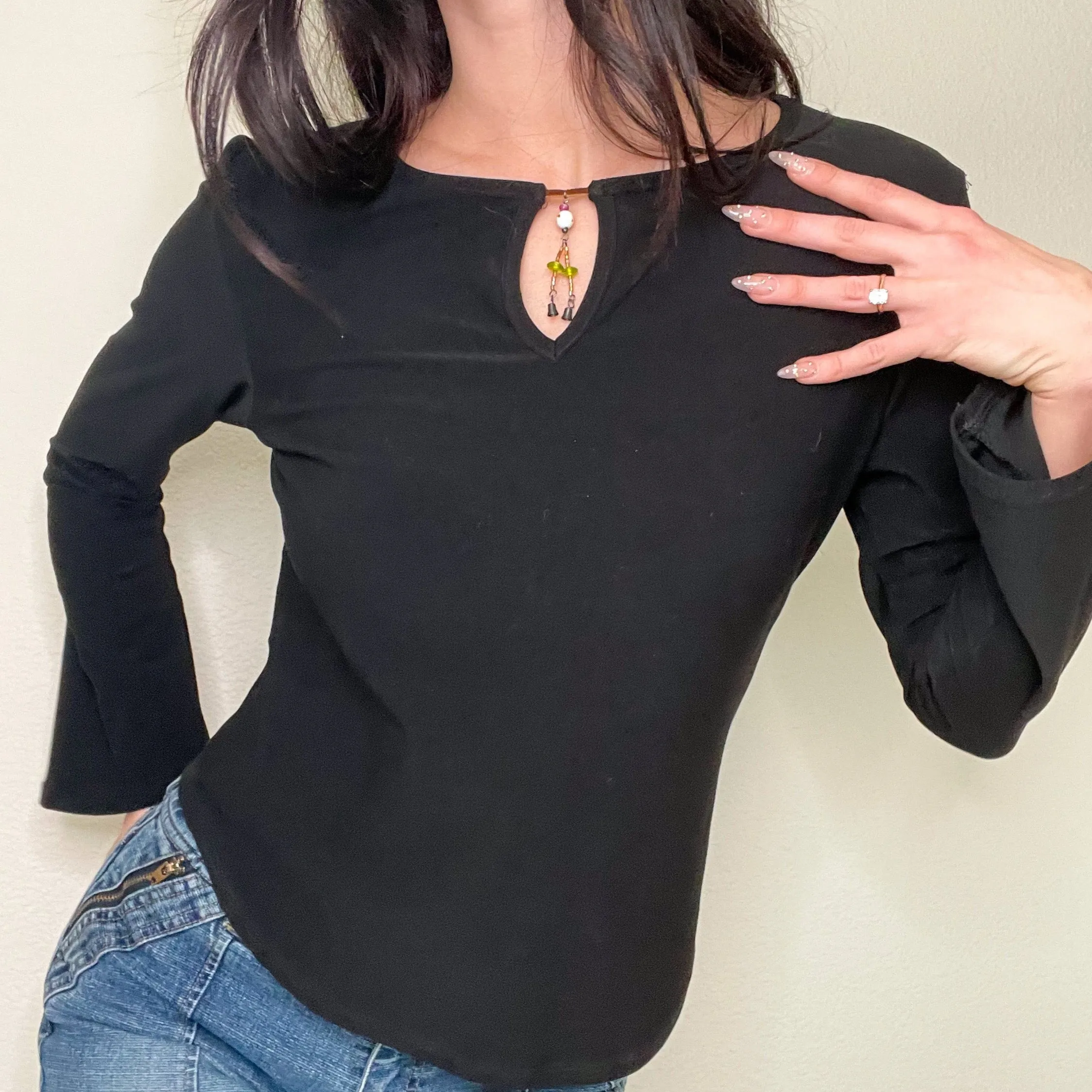 Black Boho Y2K Bell Sleeve Top