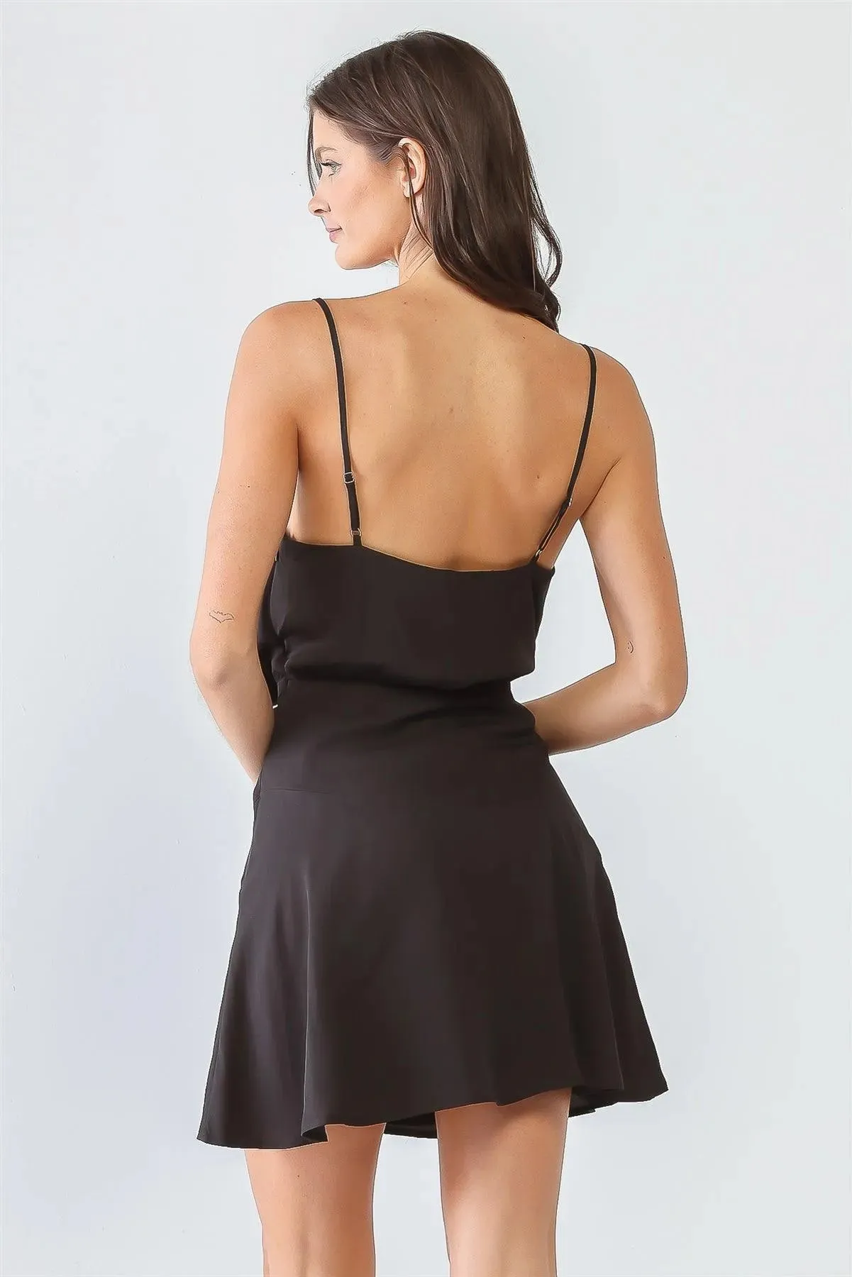 Black Cowl Neck Strappy Flare Hem Mini Dress