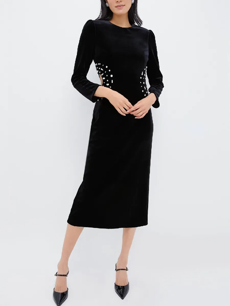 Black Embellished Velvet Jules Midi Dress