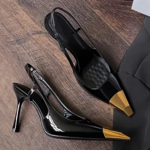 Black Patent Leather High Heels Metal Head Back Sandals