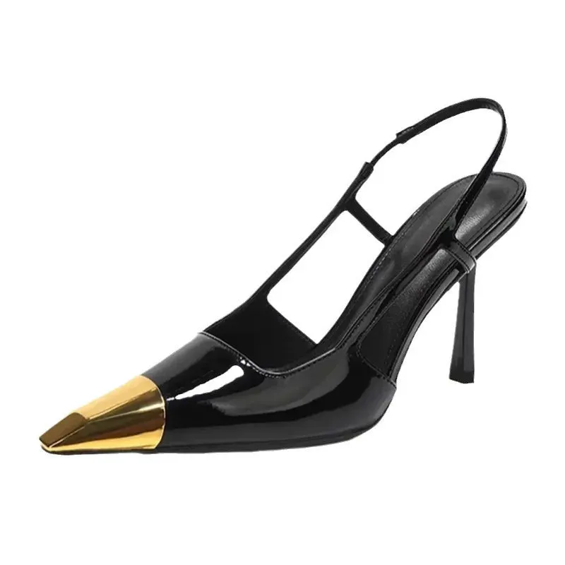 Black Patent Leather High Heels Metal Head Back Sandals