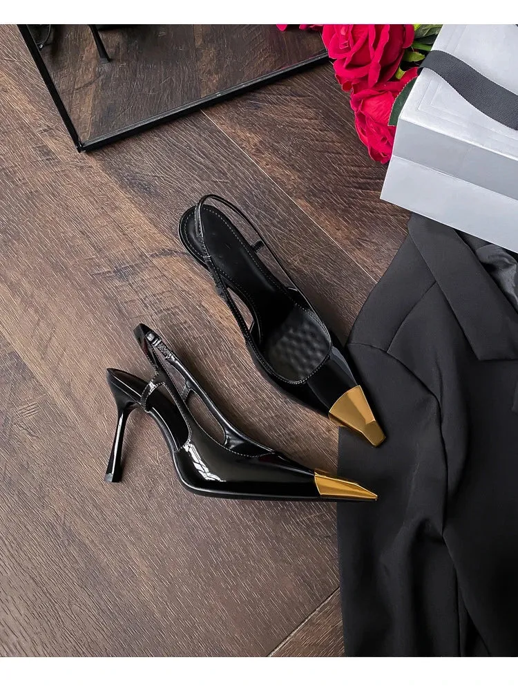 Black Patent Leather High Heels Metal Head Back Sandals