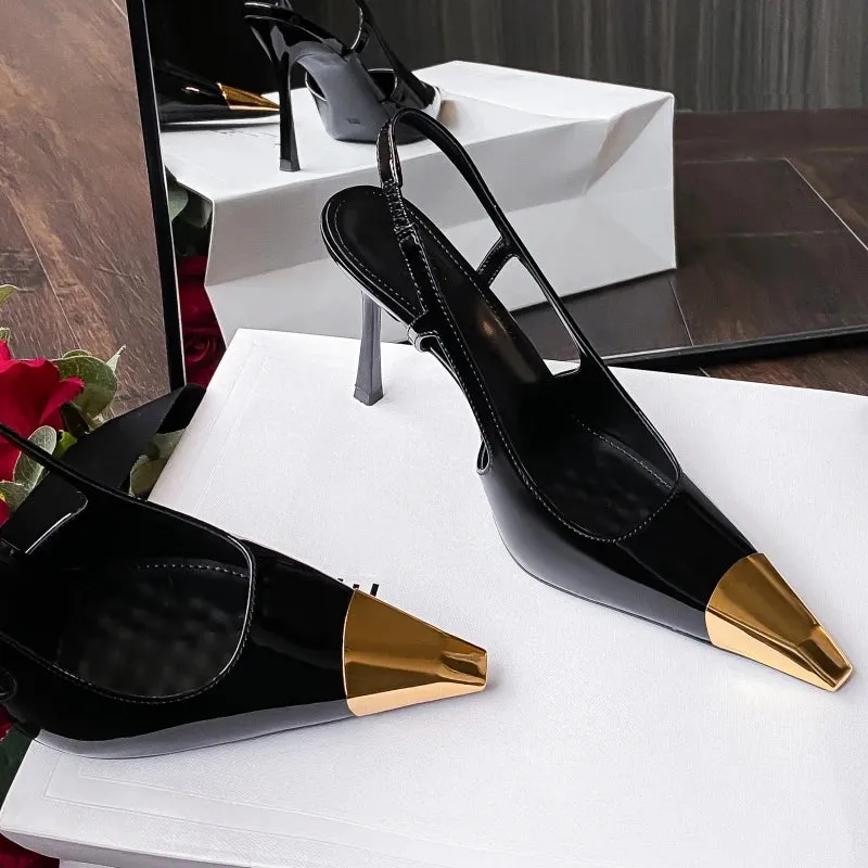 Black Patent Leather High Heels Metal Head Back Sandals