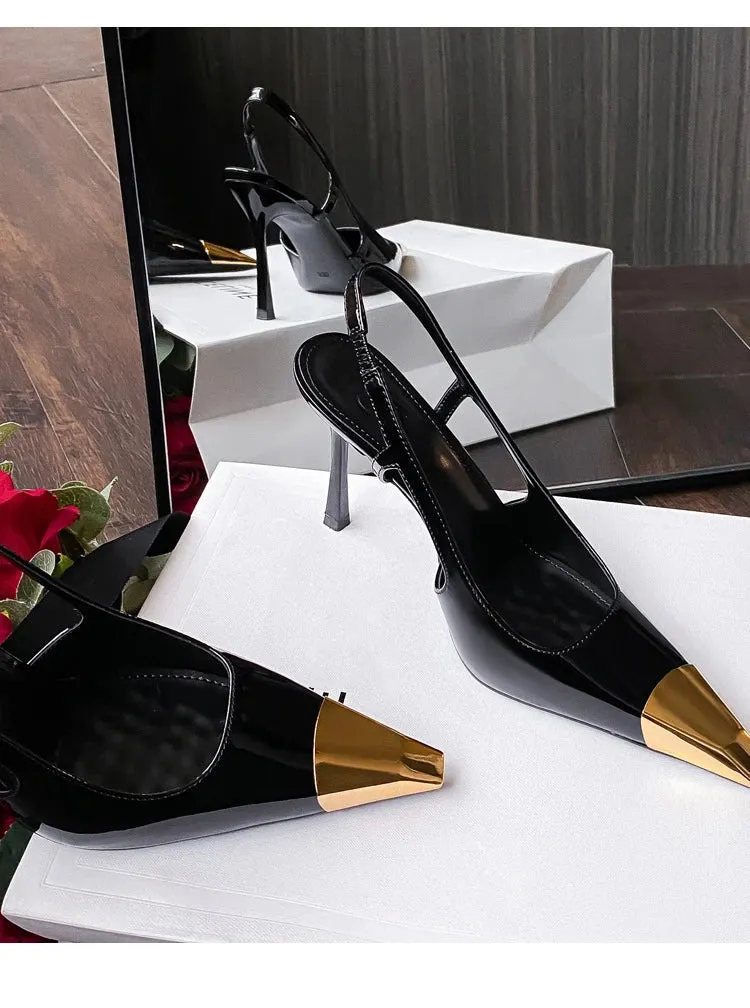 Black Patent Leather High Heels Metal Head Back Sandals