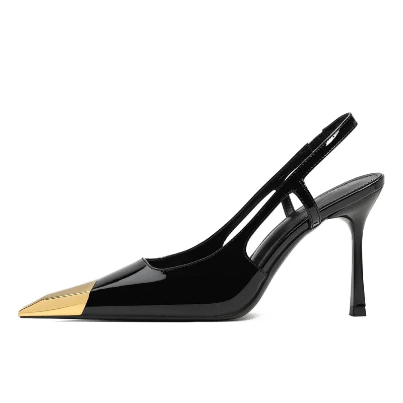 Black Patent Leather High Heels Metal Head Back Sandals