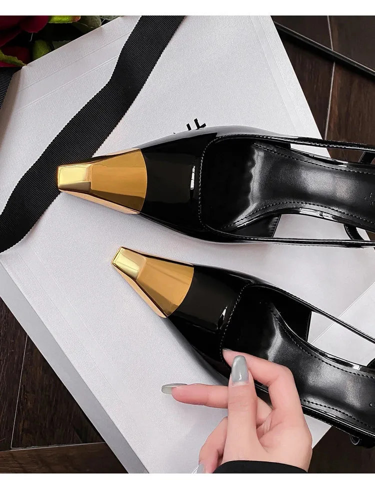 Black Patent Leather High Heels Metal Head Back Sandals