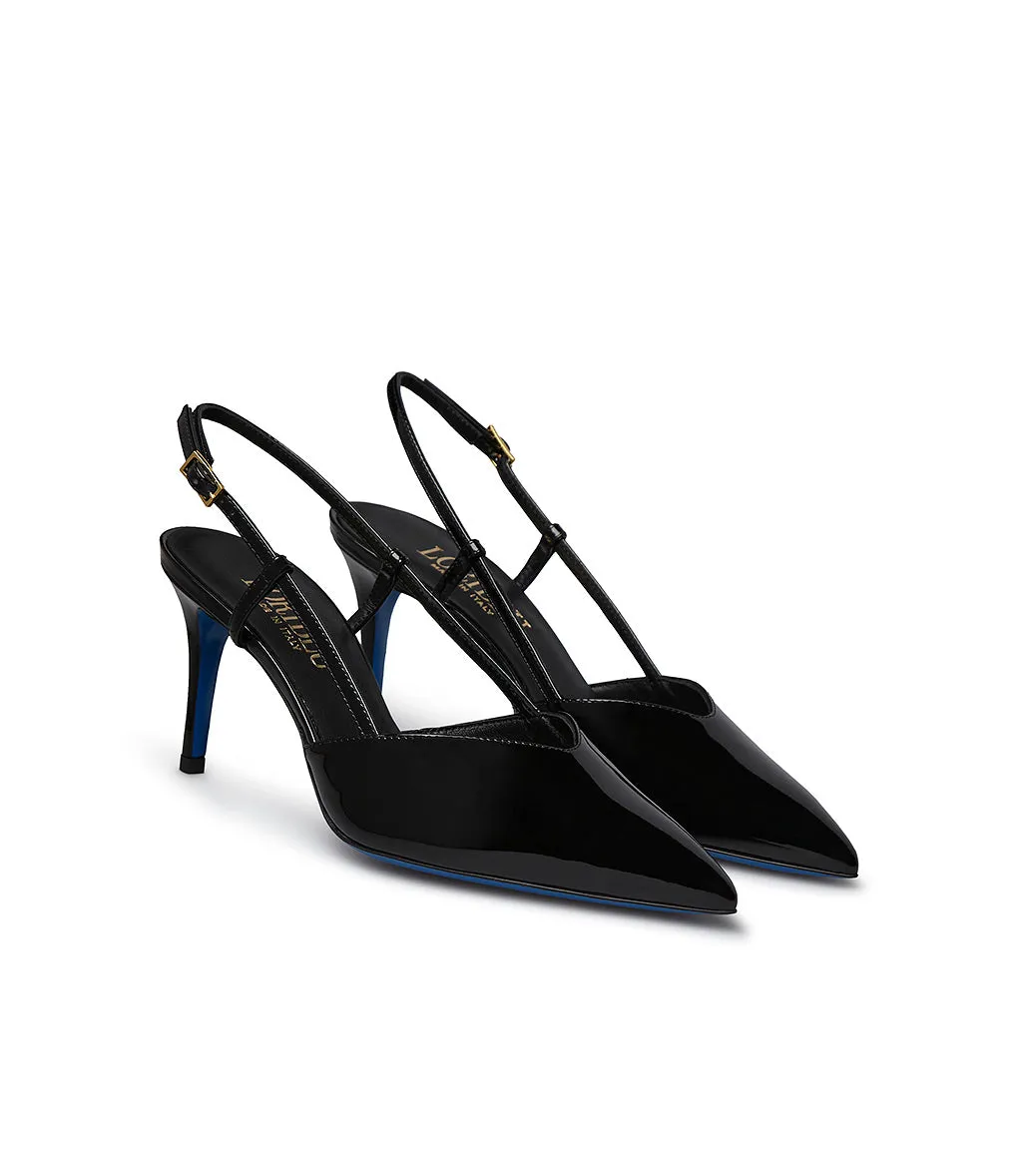 Black patent leather slingback pumps