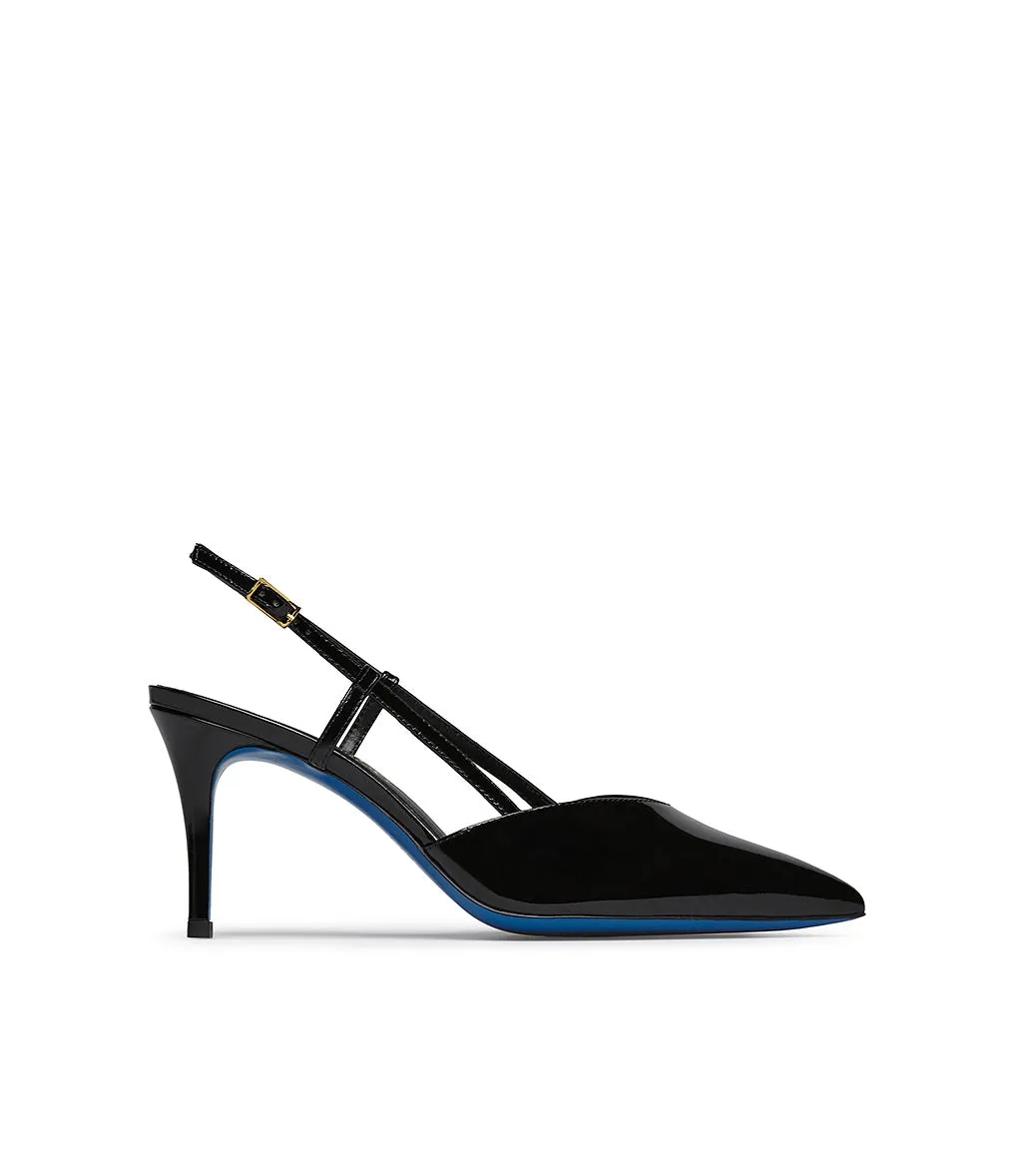 Black patent leather slingback pumps