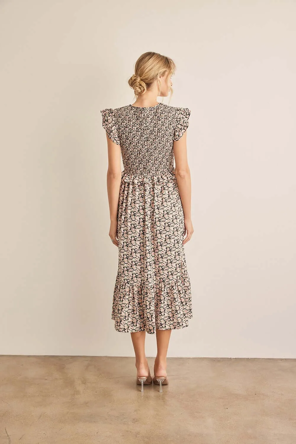 Black Peach Floral Print Smocked Ruffled Midi Dress